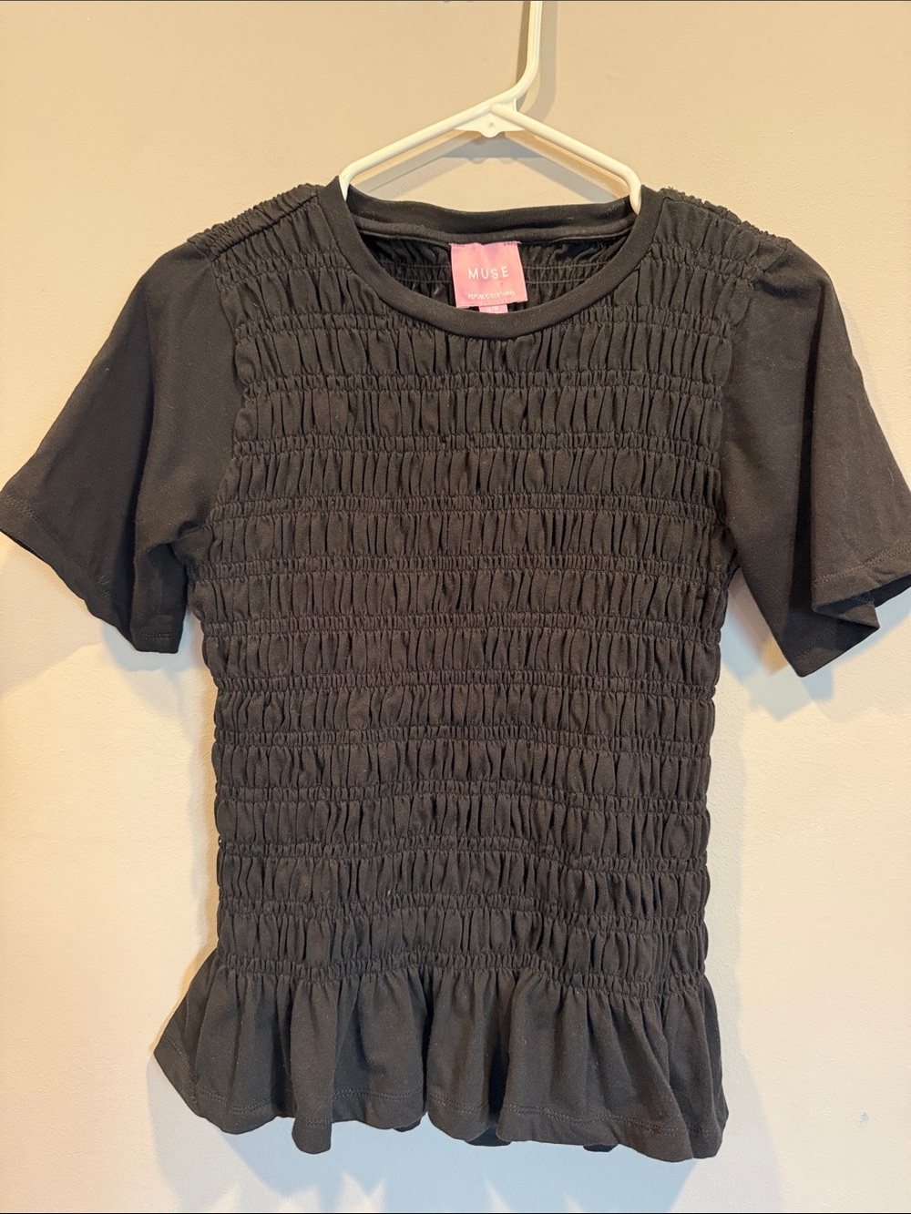 Muse Black Smocked Peplum Short Sleeve Top